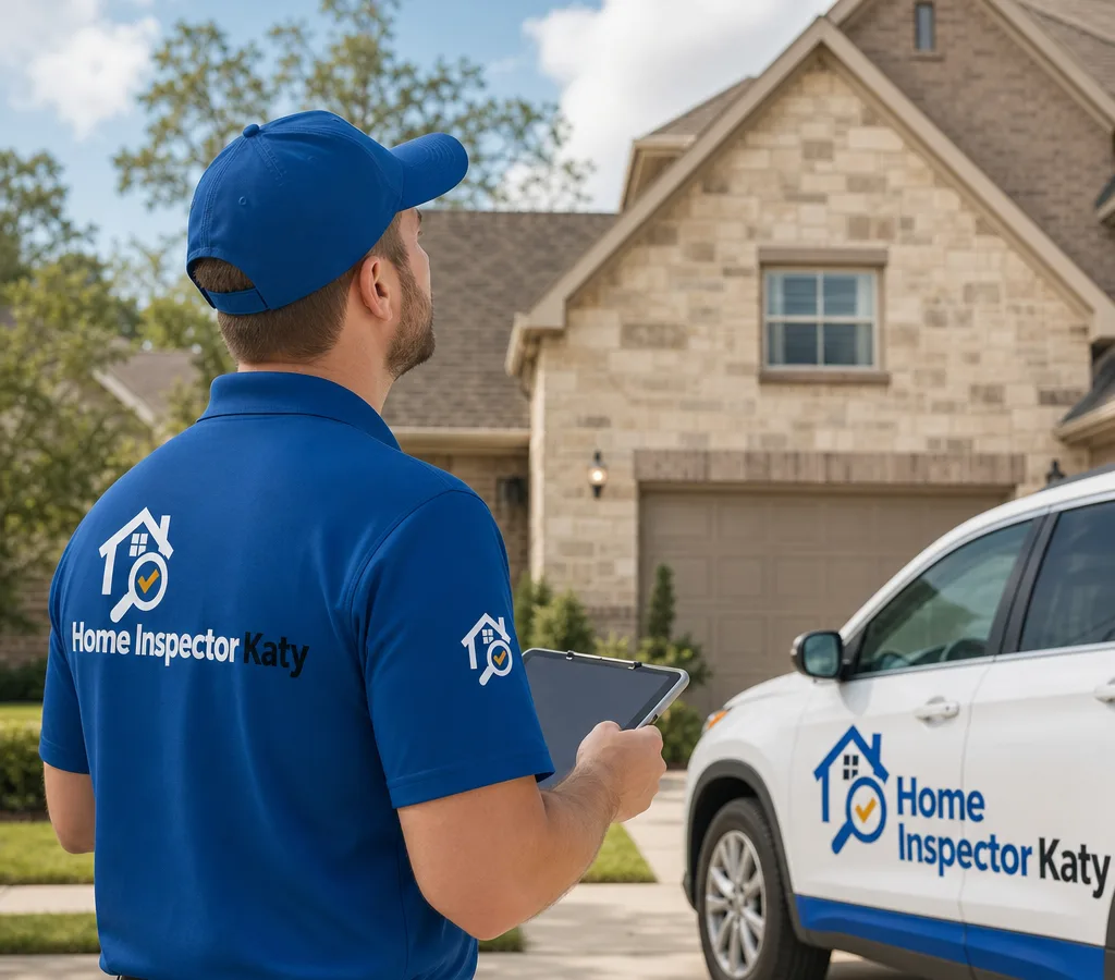 Inspector examining a Katy home exterior and roofline with a tablet