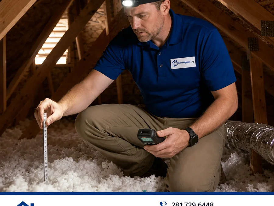 Inspector checking attic insulation, roof decking and HVAC ducting with a moisture meter